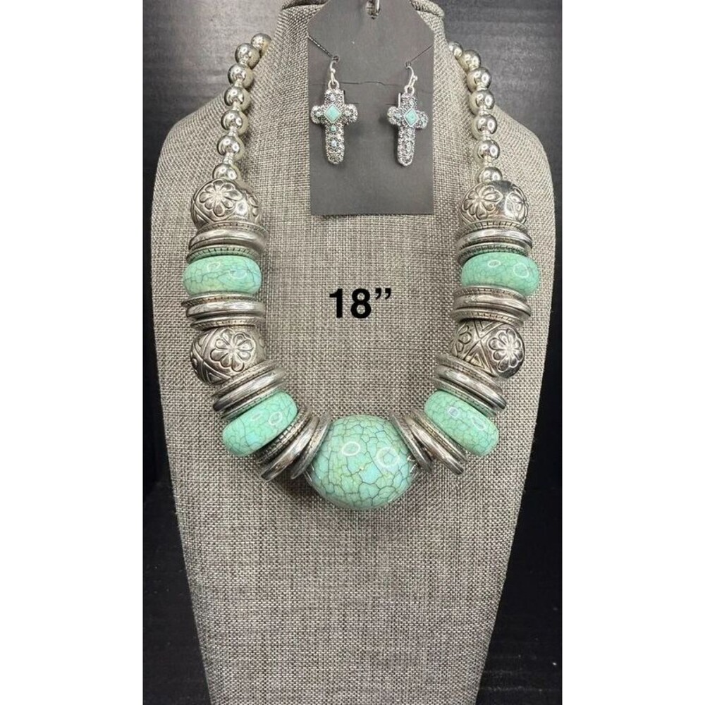 Western-Style Turquoise & Silver Chunky Statement Necklace & Earring Set